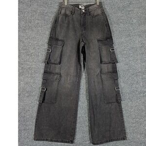 SO High Rise Wide Leg‎ Cargo Jeans Black Washed Denim Womens Size 7 28W
